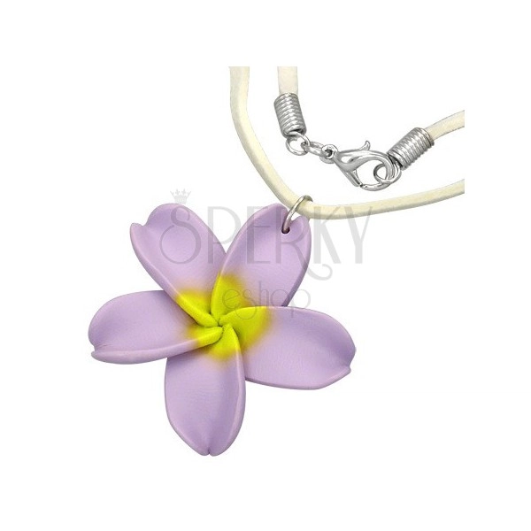 Květinový FIMO náhrdelník - fialový květ, béžová šňůrka