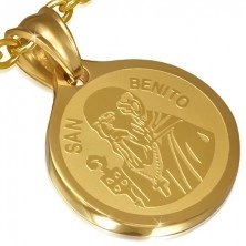 Kruhový ocelový přívěsek - zlatá barva, Sv. Benedikt