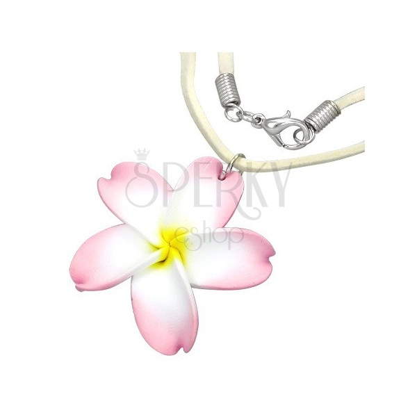 FIMO náhrdelník - bílo-růžový květ, béžová šňůrka