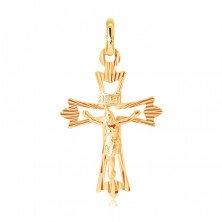 Přívěsek ze 14K zlata - kříž s rozvětveným cípem s paprsky a Kristem