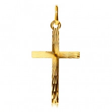 Přívěsek ze zlata 14K - velký latinský kříž, paprskovité zářezy
