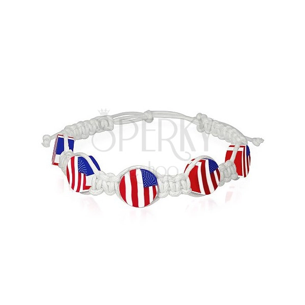 Pletený šňůrkový náramek na ruku, bílé barvy - vlajka USA