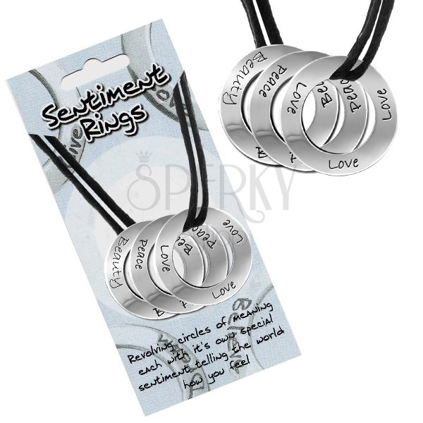 Šňůrkový náhrdelník - kolečka s nápisy "Love, Peace, Beauty"