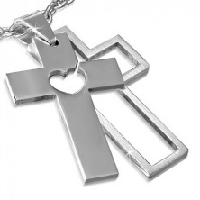 Přívěsek z oceli - dvoudílný kříž s vyřezaným srdcem
