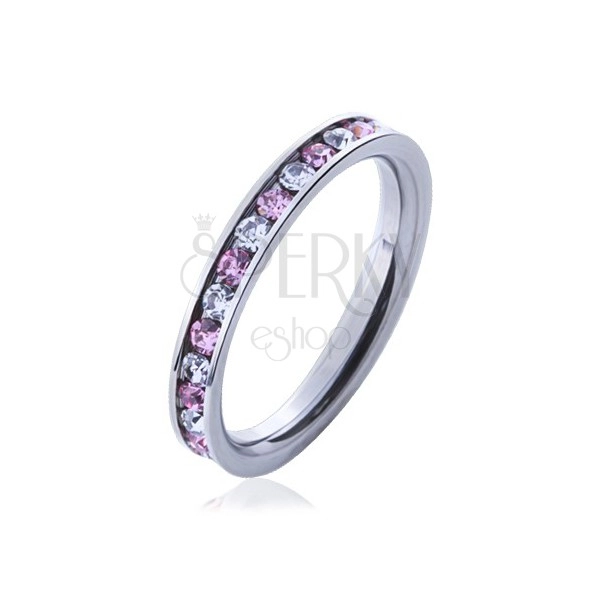 Ocelový prsten s kamínky růžové a čiré barvy