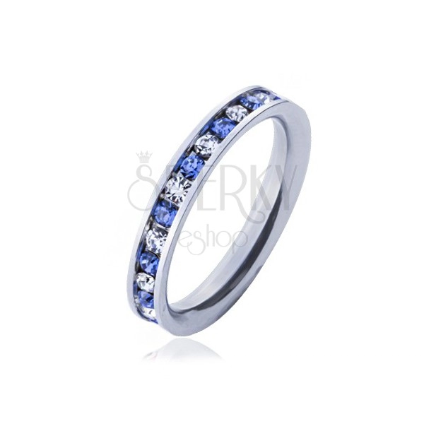 Ocelový prsten - světle modré a čiré kamínky