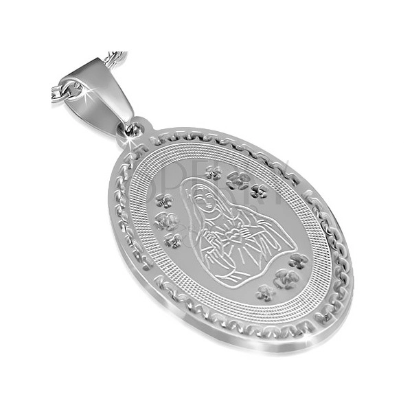 Oválný ocelový medailon - Panna Marie, řecký klíč