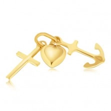 Multipřívěsek ze zlata 14K - vypouklé srdce, kotva a křížek