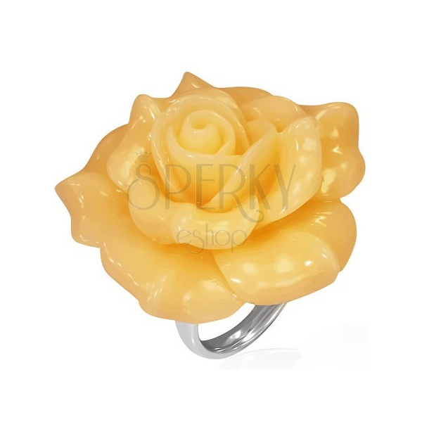 Ocelový prsten - žlutá rozkvetlá růže, živice