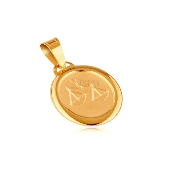 Přívěsek ze zlata 14K - matná známka s gravírovaným symbolem VÁHY