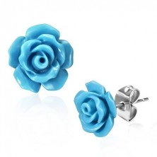 Ocelové puzetové náušnice, lesklé modré kvítky růže