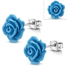 Ocelové puzetové náušnice, lesklé modré kvítky růže