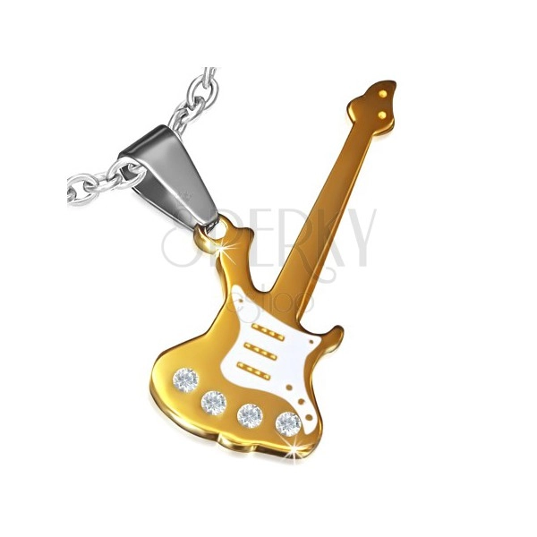Ocelový přívěsek zlaté barvy, elektrická kytara zdobená zirkony