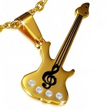 Ocelový přívěsek - zlatá kytara, houslový klíč, čiré kamínky