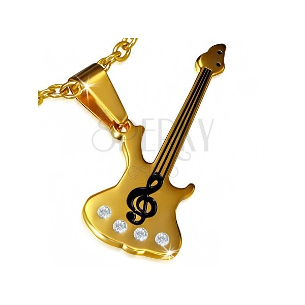 Ocelový přívěsek - zlatá kytara, houslový klíč, čiré kamínky