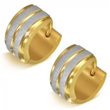 Ocelové náušnice zlaté barvy se stříbrnými pásy - kruhové