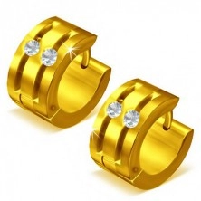 Kruhové ocelové náušnice - zlaté, dvě rýhy zdobené zirkony