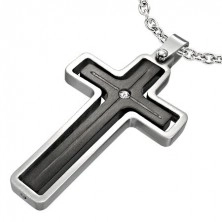 Ocelový přívěsek latinského kříže - stříbrný a černý, zirkon