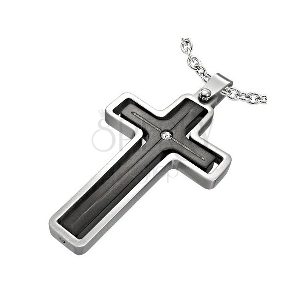 Ocelový přívěsek latinského kříže - stříbrný a černý, zirkon