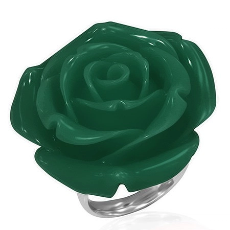 Prsten z chirurgické oceli - zelená růže, pryskyřice - Velikost: 57