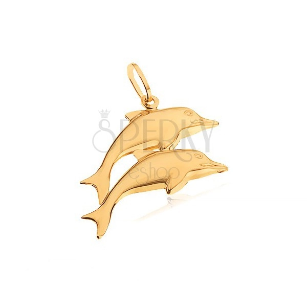Zlatý přívěsek 585 - dva zrcadlově lesklí vyskakující delfíni 