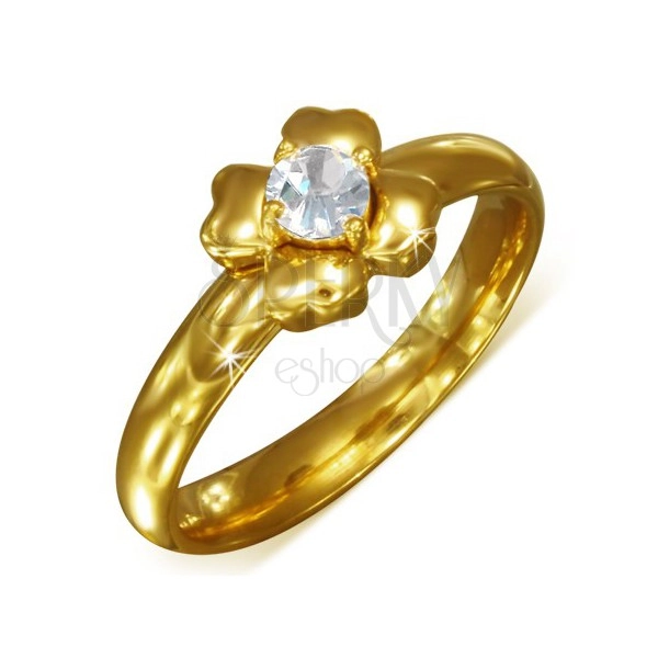 Zlatý prsten z chirurgické oceli s čirým zirkonem - květ