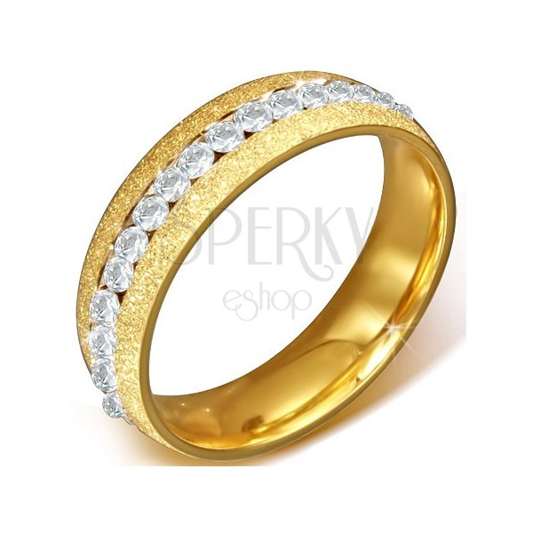 Ocelový prsten - zlatá pískovaná obroučka, kulaté čiré zirkonky