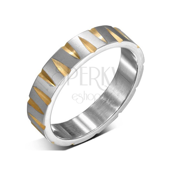 Ocelový prsten stříbrné barvy se zlatými zářezy
