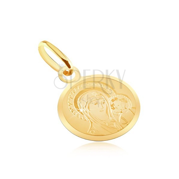 Zlatý plochý přívěsek 585 - kulatý medailon s Madonou a dítětem