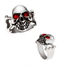 Lesklý ocelový prsten - stříbrná lebka s červenýma očima