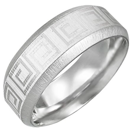 Ocelový prsten se vzorem řeckého klíče, zkosené hrany - Velikost: 65