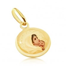 Zlatý přívěsek 585 - kulatý medailon, Panna Marie, průhledná glazura