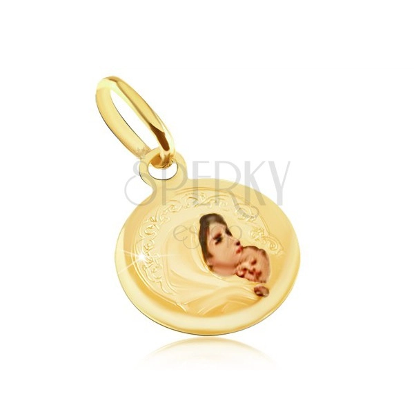 Zlatý přívěsek 585 - kulatý medailon, Panna Marie, průhledná glazura