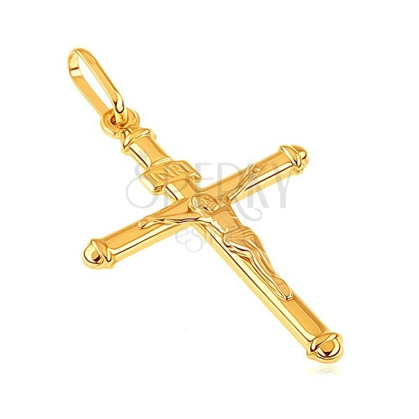 Přívěsek ve žlutém 14K zlatě - Ježíš Kristus na kříži, lesklý latinský kříž