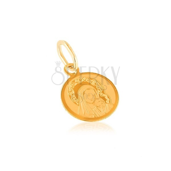 Zlatý 14K přívěsek - kulatý medailon, gravírovaná Matka Boží s dítětem