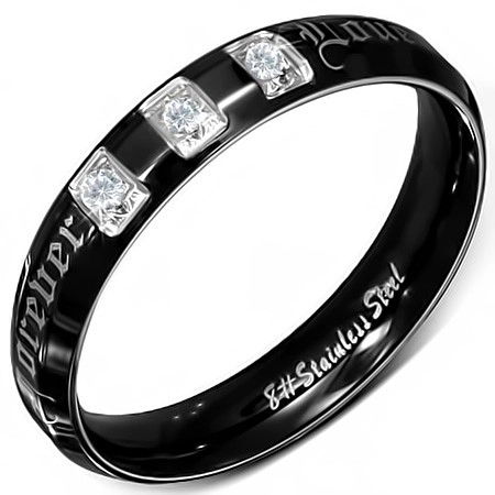Prsten z chirurgické oceli, černý, lesklý, zirkony, Forever Love  - Velikost: 57