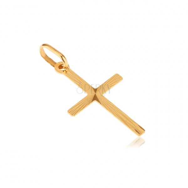 Plochý přívěsek ze zlata 14K - latinský kříž, paprskovité rýhy