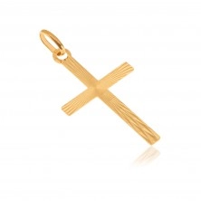 Přívěsek ze žlutého 14K zlata - latinský kříž, lesklé paprskovité rýhování