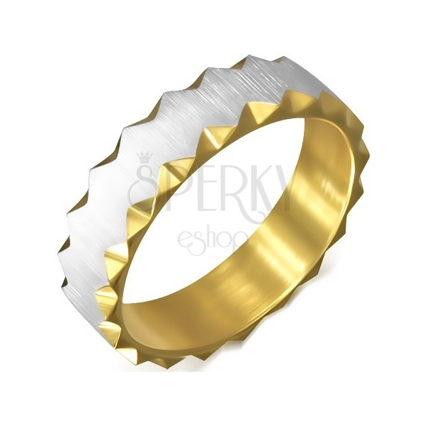 Ocelový prsten zlaté barvy se saténovým pásem, trojúhelníkové výřezy