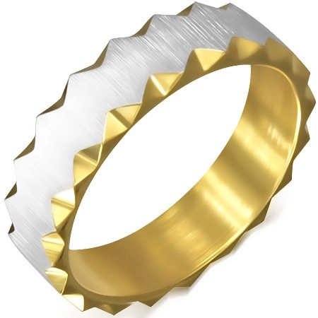 Ocelový prsten zlaté barvy se saténovým pásem, trojúhelníkové výřezy - Velikost: 64