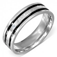 Ocelový prsten s vyznáním lásky, čirý zirkon, černé rýhy