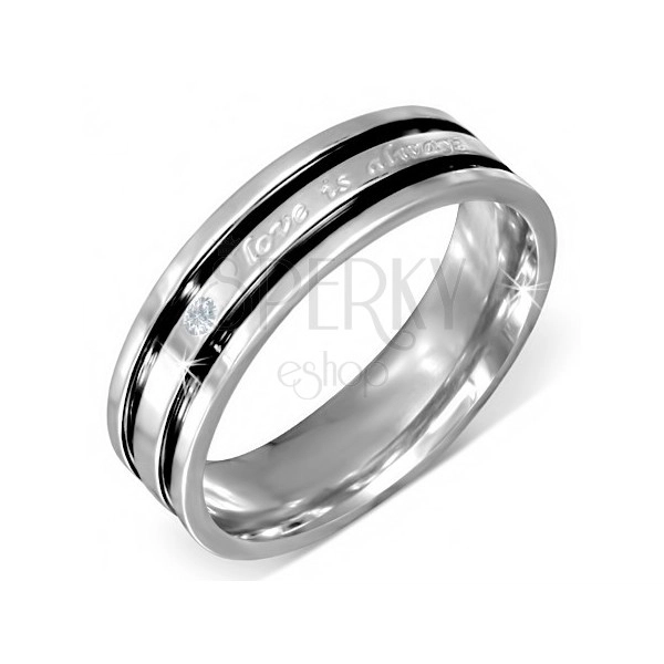 Ocelový prsten s vyznáním lásky, čirý zirkon, černé rýhy