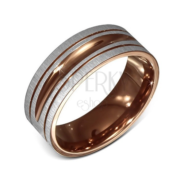 Prsten z chirurgické oceli, saténový, dvoubarevný, ozdobné rýhování