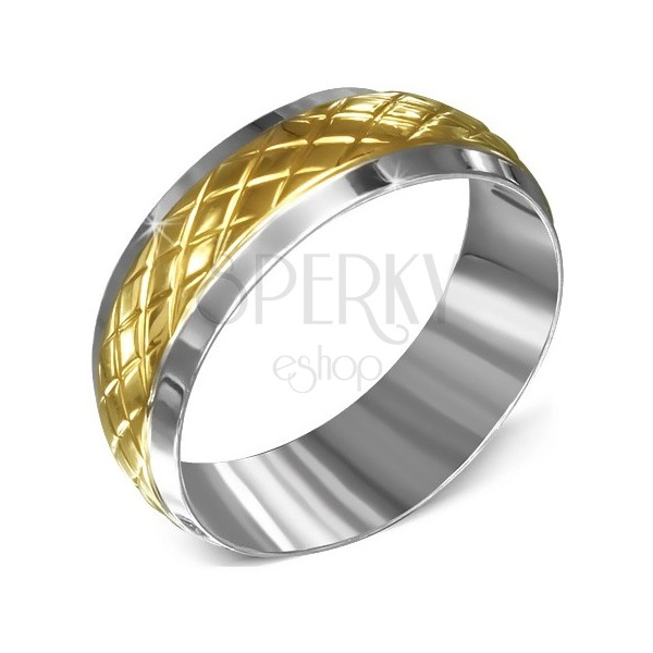 Prsten z chirurgické oceli, stříbrný se zlatým kosočtvercovým pásem