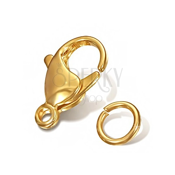Ocelový set - zlatá karabinka a kroužek na řetízek, 12 mm