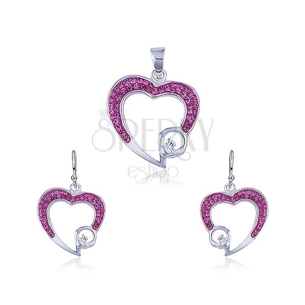 Stříbrný set 925 - přívěsek a náušnice, růžový zirkonový obrys srdce
