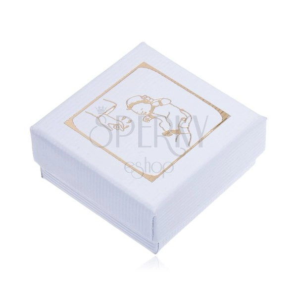 Dárková krabička bílé barvy, zlatý motiv křtu