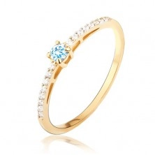 Prsten ze žlutého zlata 14K - lesklý, hladký, modrý kámen, dorbné zirkonky