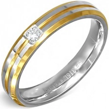 Stříbrno-zlatý prsten z oceli s malým čirým zirkonem