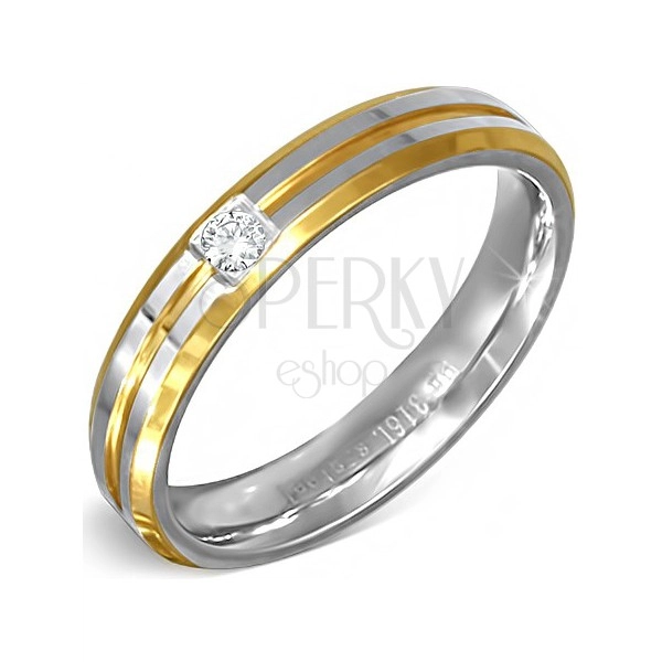 Stříbrno-zlatý prsten z oceli s malým čirým zirkonem